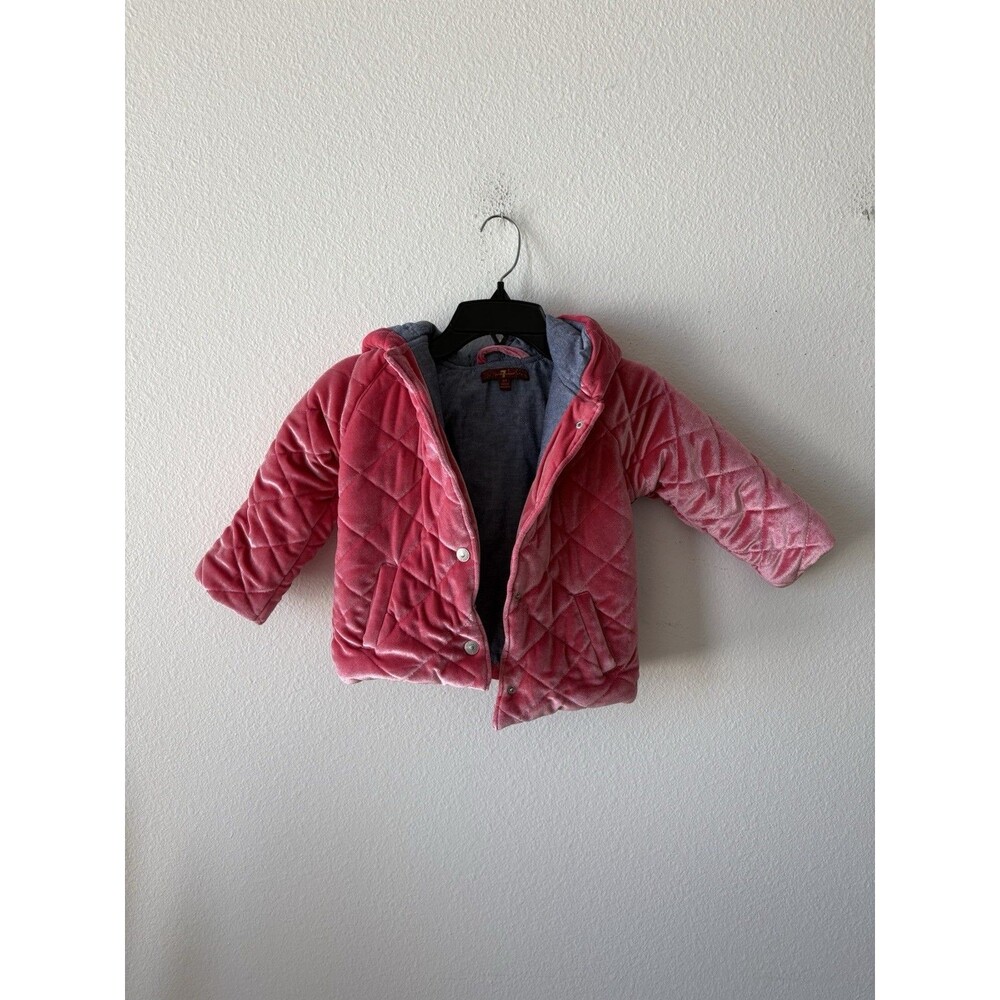 7 For All Mankind Girls Pink Hooded Quilted Velvet Jacket Button Up Size 3T